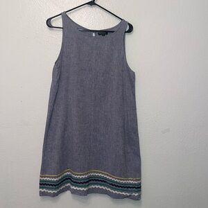 Cotton/linen A-line dress petite-large embellished with ric-rac. Side pockets